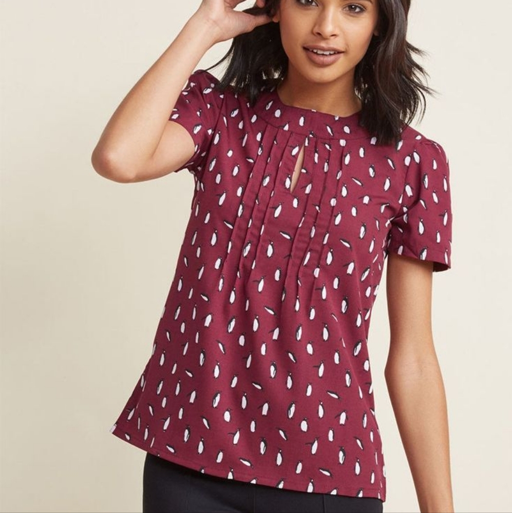Modcloth Burgundy Blouse with Penguin Pattern